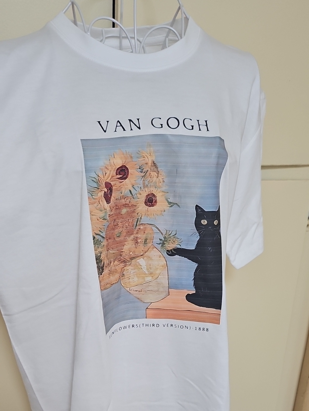 Cotton White Tee with Van Gogh Sunflowers & Black Cat Graphic